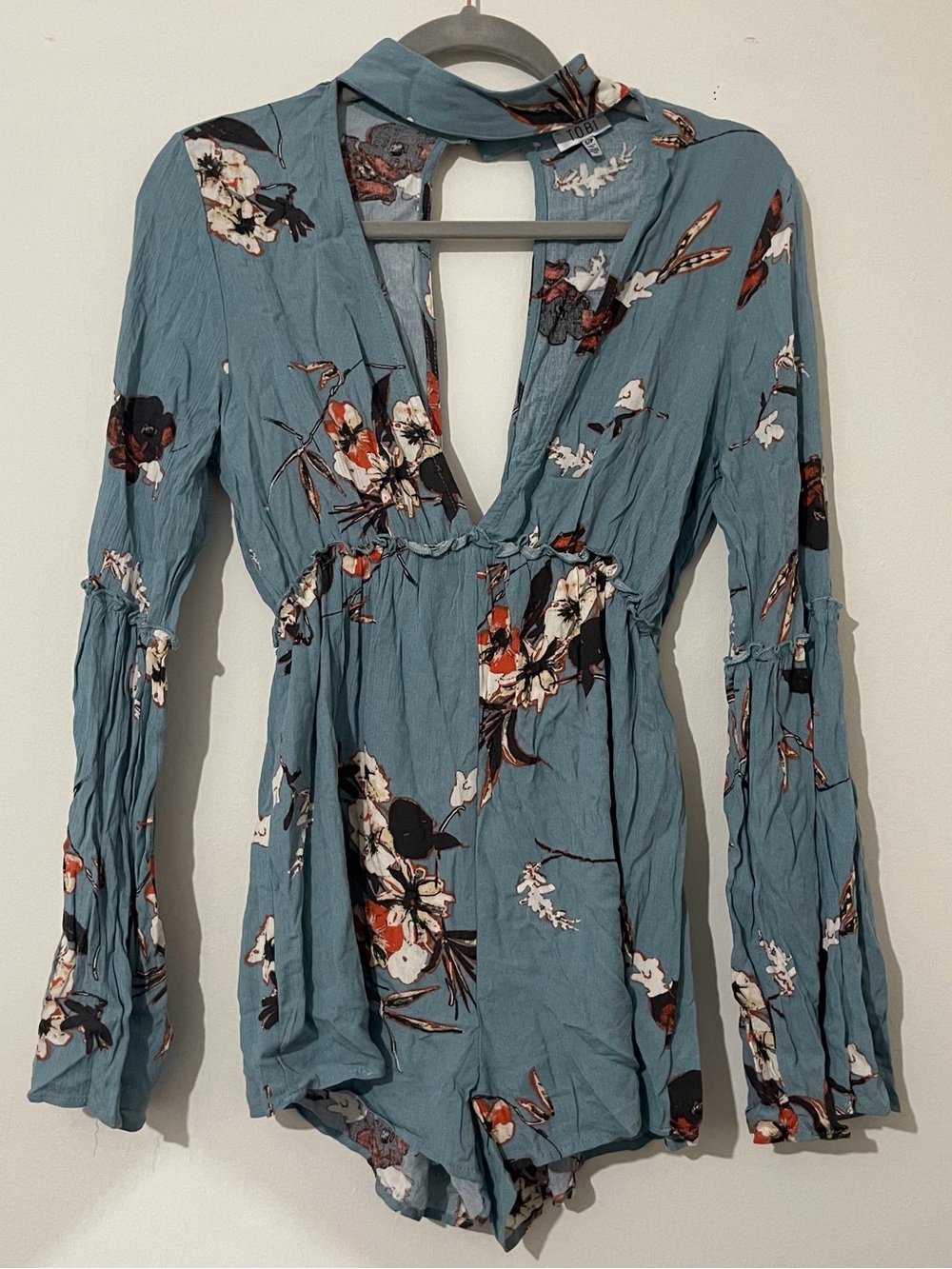 Tobi Dusty Blue Floral V-Neck Long Sleeve Romper Size Small
